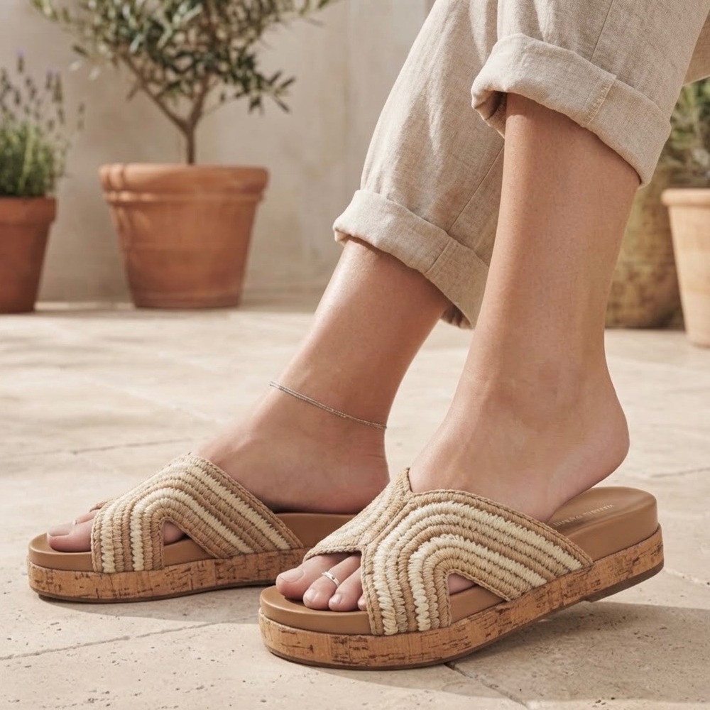 Marc Fisher MFERIM Tan Cream Woven Raffia Cork Platform Slide Sandals 7.5M